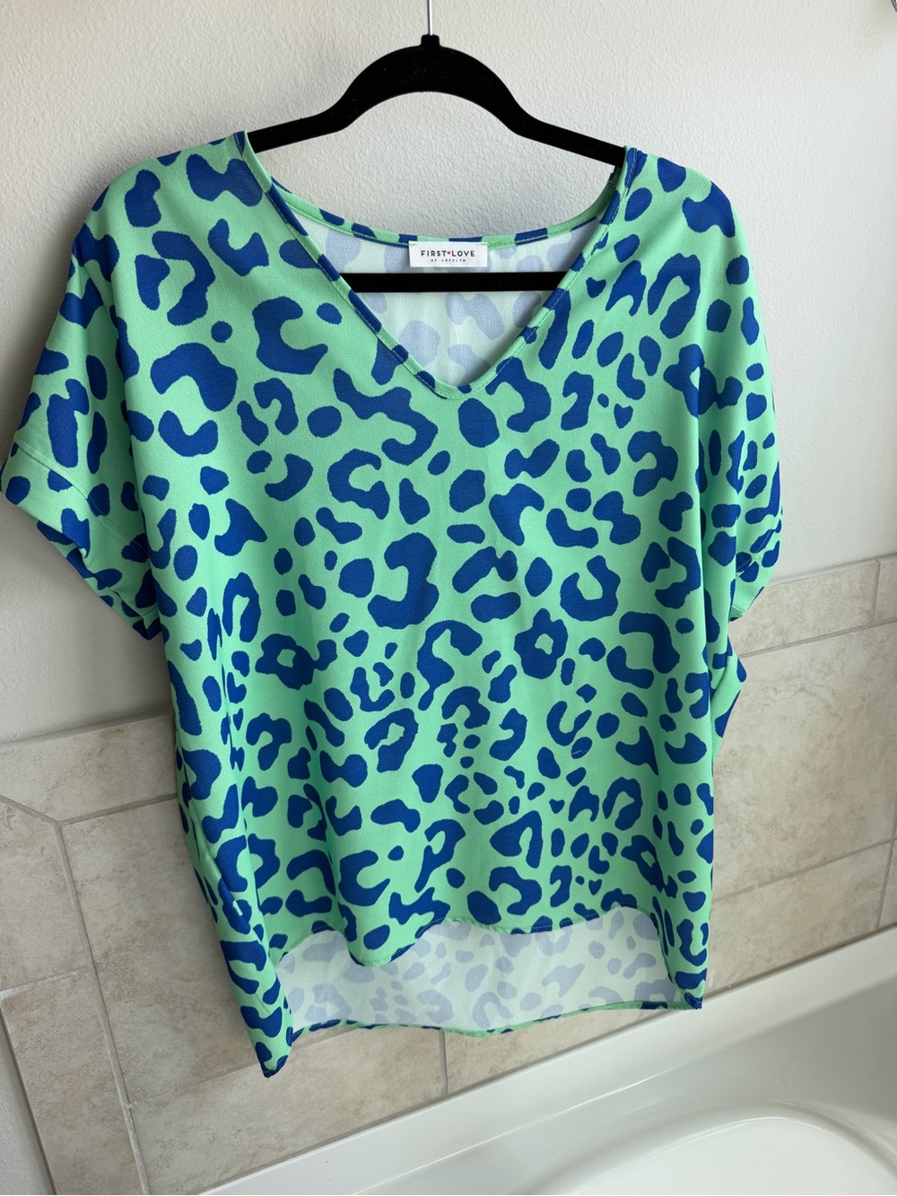 First Love Bright Green V-Neck Leopard Print Blouse